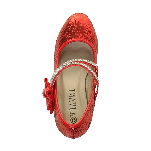 Ajvani Girls Kids Childrens Low Heel Strap Bridesmaid Party Formal Evening Shoes, Red Glitter Bow, 1 UK Child