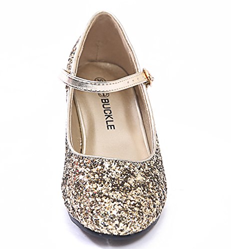 Girls Kids Childrens Mary Jane Glitter Low Kitten Heel Party Wedding Sandals Court Shoes (UK 12 Kids/EU 30, Gold Glitter)
