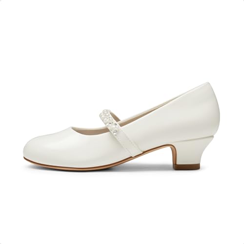 DREAM PAIRS Girls Low Heel Dress Shoes Mary Jane Pearl Flower Girl Pumps Princess Wedding Party SDFL2403K,Ivory/PU,Size 4 UK/5 US Big Kid