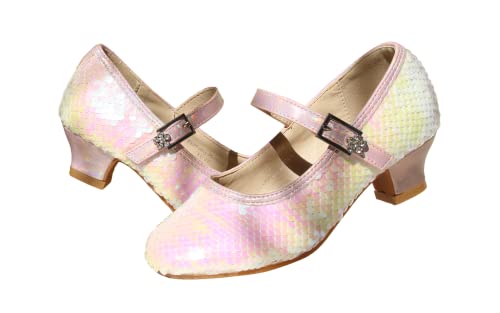 EIGHT KM Girls High Heel Dress Shoes Mary Jane Princess Wedding Party Pump Shoes EKM7015 Shiny Sequins Mermaid Pearl Pink 13.5 UK Little Kid