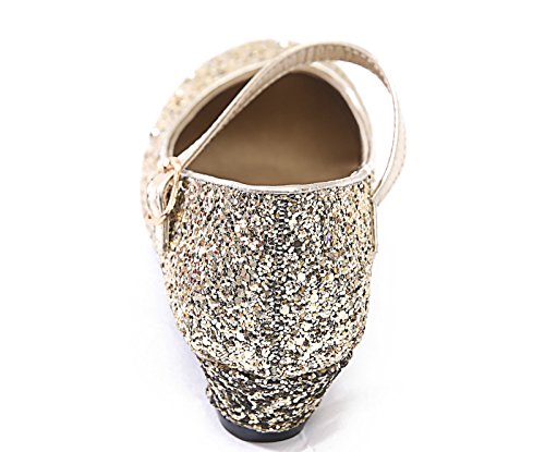 Girls Kids Childrens Mary Jane Glitter Low Kitten Heel Party Wedding Sandals Court Shoes (UK 12 Kids/EU 30, Gold Glitter)