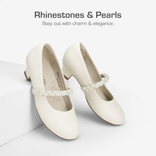 DREAM PAIRS Girls Low Heel Dress Shoes Mary Jane Pearl Flower Girl Pumps Princess Wedding Party SDFL2403K,Ivory/PU,Size 4 UK/5 US Big Kid