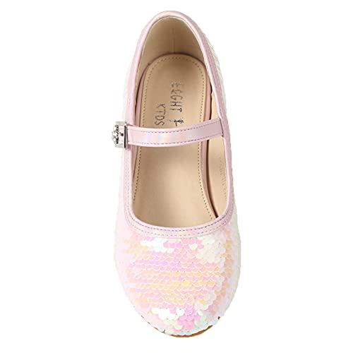 EIGHT KM Girls High Heel Dress Shoes Mary Jane Princess Wedding Party Pump Shoes EKM7015 Shiny Sequins Mermaid Pearl Pink 13.5 UK Little Kid