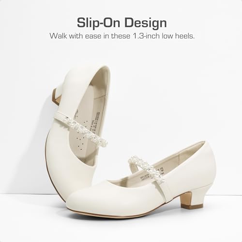 DREAM PAIRS Girls Low Heel Dress Shoes Mary Jane Pearl Flower Girl Pumps Princess Wedding Party SDFL2403K,Ivory/PU,Size 4 UK/5 US Big Kid