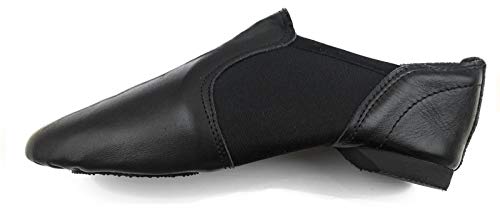 Jazz Shoes Slip On Jazz Dance Shoes Soft Leather Split Sole, Rubller Heel Neoprene Jazz and Modern Stage Shoes (Size 12 Kids, Black)