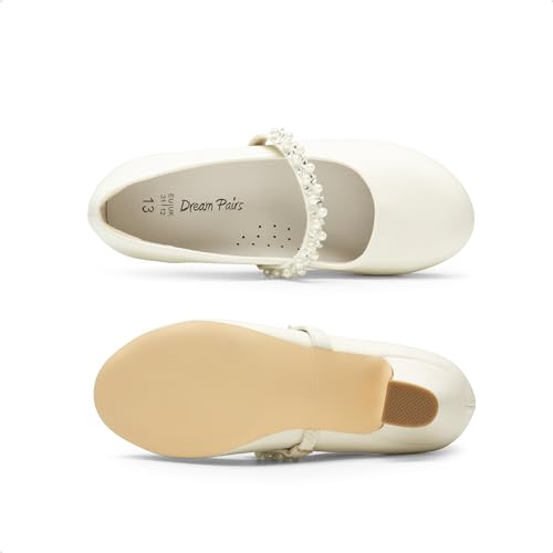 DREAM PAIRS Girls Low Heel Dress Shoes Mary Jane Pearl Flower Girl Pumps Princess Wedding Party SDFL2403K,Ivory/PU,Size 4 UK/5 US Big Kid