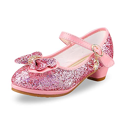 Lanivic Little Girls Princess Shoes Sequins Sweet Bows High Heels Wedding Party Dress Shoes Dance Bright Diamond Cosplay Christmas Festival Shoes Pink Size 8.5 UK