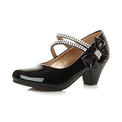 GIRLS KIDS CHILDRENS LOW HEEL STRAP BRIDESMAID PARTY FORMAL EVENING SHOES SIZE 13, Black Patent Bow, 13 UK