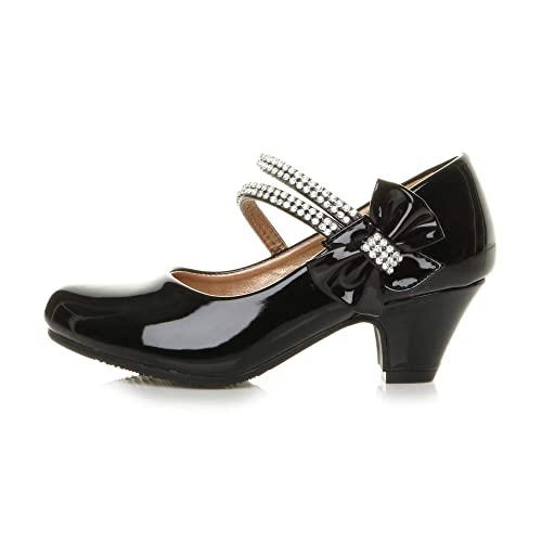 GIRLS KIDS CHILDRENS LOW HEEL STRAP BRIDESMAID PARTY FORMAL EVENING SHOES SIZE 13, Black Patent Bow, 13 UK