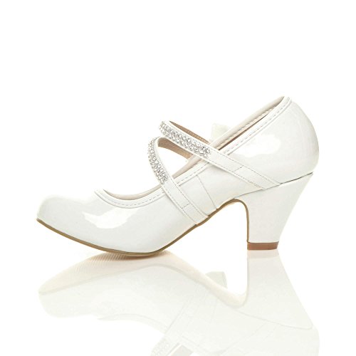 Ajvani Girls Kids Childrens Low Heel Strap Bridesmaid Party Formal Evening Shoes, 11 UK Child, White Patent Bow