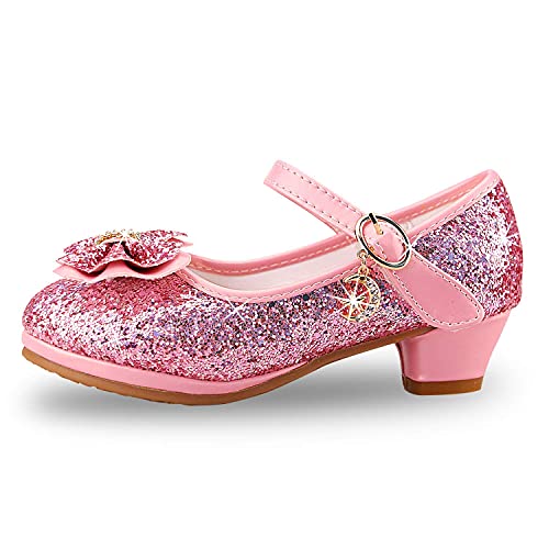 Lanivic Little Girls Princess Shoes Sequins Sweet Bows High Heels Wedding Party Dress Shoes Dance Bright Diamond Cosplay Christmas Festival Shoes Pink Size 8.5 UK