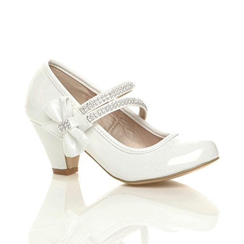 Ajvani Girls Kids Childrens Low Heel Strap Bridesmaid Party Formal Evening Shoes, 11 UK Child, White Patent Bow