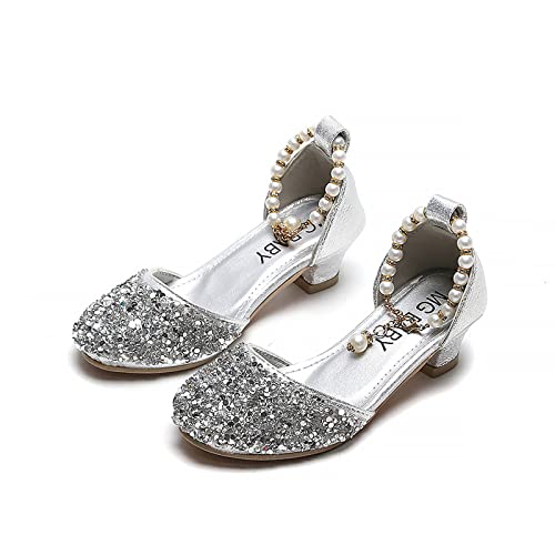 Girls Princess Shoes Sequins High Heels for Big Kids Wedding Party Dress Shoes Dance Bright Diamond Cosplay Christmas Birthday Ballet Sandals 5-12 Years Silver