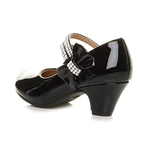 GIRLS KIDS CHILDRENS LOW HEEL STRAP BRIDESMAID PARTY FORMAL EVENING SHOES SIZE 13, Black Patent Bow, 13 UK