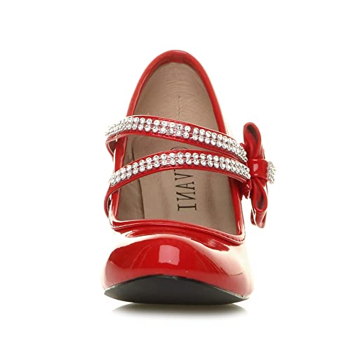 Ajvani Girls Kids Childrens Low Heel Bridesmaid Party Formal Evening Shoes, Red Patent Bow, 10 UK Child