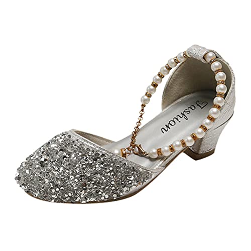 Girls Princess Shoes Sequins High Heels for Big Kids Wedding Party Dress Shoes Dance Bright Diamond Cosplay Christmas Birthday Ballet Sandals 5-12 Years Silver