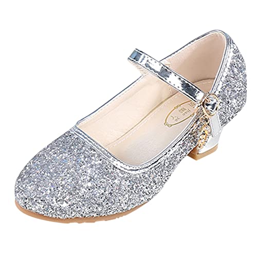 Girls High Heel Dress Shoes, Mary Jane Princess Wedding Party Pump Sparkly Glitter Communion Shoes for Toddler Children Silver