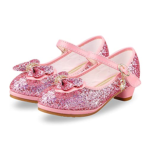 Lanivic Little Girls Princess Shoes Sequins Sweet Bows High Heels Wedding Party Dress Shoes Dance Bright Diamond Cosplay Christmas Festival Shoes Pink Size 8.5 UK