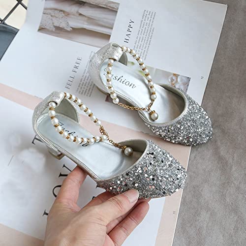 Girls Princess Shoes Sequins High Heels for Big Kids Wedding Party Dress Shoes Dance Bright Diamond Cosplay Christmas Birthday Ballet Sandals 5-12 Years Silver
