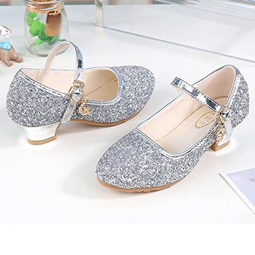 Girls High Heel Dress Shoes, Mary Jane Princess Wedding Party Pump Sparkly Glitter Communion Shoes for Toddler Children Silver