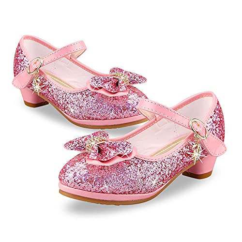 Lanivic Little Girls Princess Shoes Sequins Sweet Bows High Heels Wedding Party Dress Shoes Dance Bright Diamond Cosplay Christmas Festival Shoes Pink Size 8.5 UK