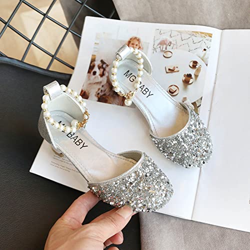 Girls Princess Shoes Sequins High Heels for Big Kids Wedding Party Dress Shoes Dance Bright Diamond Cosplay Christmas Birthday Ballet Sandals 5-12 Years Silver