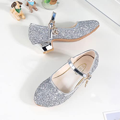 Girls High Heel Dress Shoes, Mary Jane Princess Wedding Party Pump Sparkly Glitter Communion Shoes for Toddler Children Silver