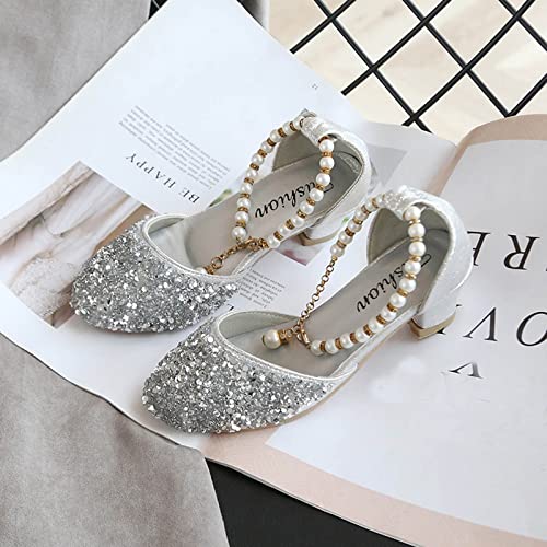 Girls Princess Shoes Sequins High Heels for Big Kids Wedding Party Dress Shoes Dance Bright Diamond Cosplay Christmas Birthday Ballet Sandals 5-12 Years Silver