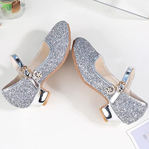 Girls High Heel Dress Shoes, Mary Jane Princess Wedding Party Pump Sparkly Glitter Communion Shoes for Toddler Children Silver