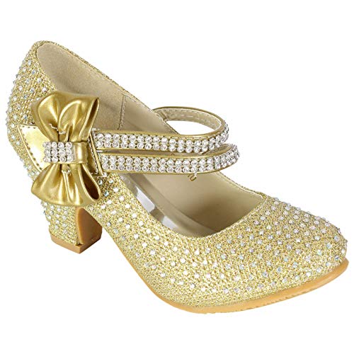 Inspire Me Girls Diamante Strappy Shoes Kids Mid Heel wedding party Sandals Dance Party Children Special Occasion Party Shoes (UK 3, Gold Bow)