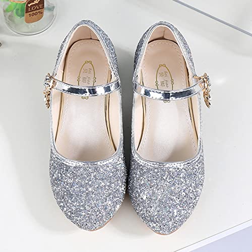 Girls High Heel Dress Shoes, Mary Jane Princess Wedding Party Pump Sparkly Glitter Communion Shoes for Toddler Children Silver