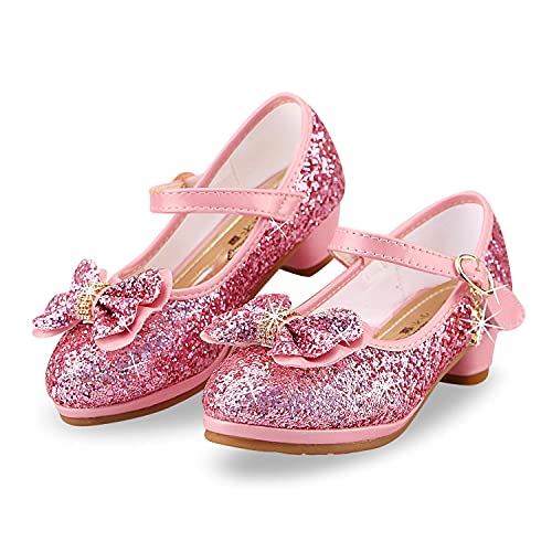 Lanivic Little Girls Princess Shoes Sequins Sweet Bows High Heels Wedding Party Dress Shoes Dance Bright Diamond Cosplay Christmas Festival Shoes Pink Size 8.5 UK