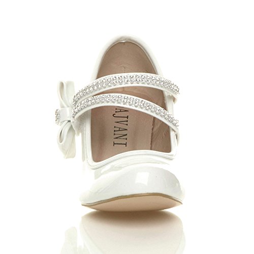 Ajvani Girls Kids Childrens Low Heel Strap Bridesmaid Party Formal Evening Shoes, 11 UK Child, White Patent Bow