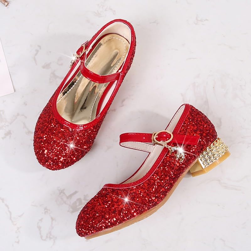 Girls Princess Dress Shoes Kids Girl Party Wedding Princess Mary Jane Shoes Sequins Bridesmaids Shoes Sparkle Heels Shoes for Wedding Dancing Party Red