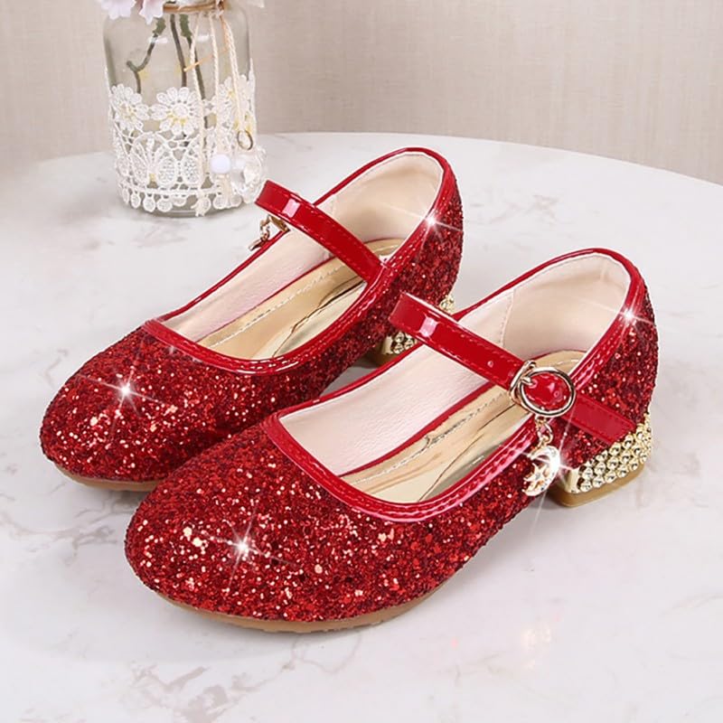 Girls Princess Dress Shoes Kids Girl Party Wedding Princess Mary Jane Shoes Sequins Bridesmaids Shoes Sparkle Heels Shoes for Wedding Dancing Party Red
