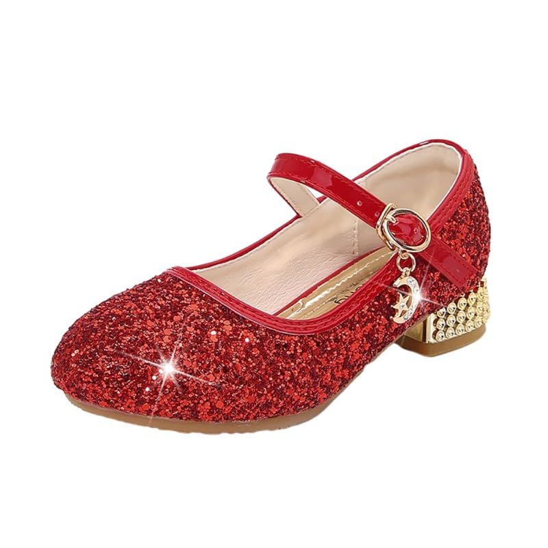 Girls Princess Dress Shoes Kids Girl Party Wedding Princess Mary Jane Shoes Sequins Bridesmaids Shoes Sparkle Heels Shoes for Wedding Dancing Party Red