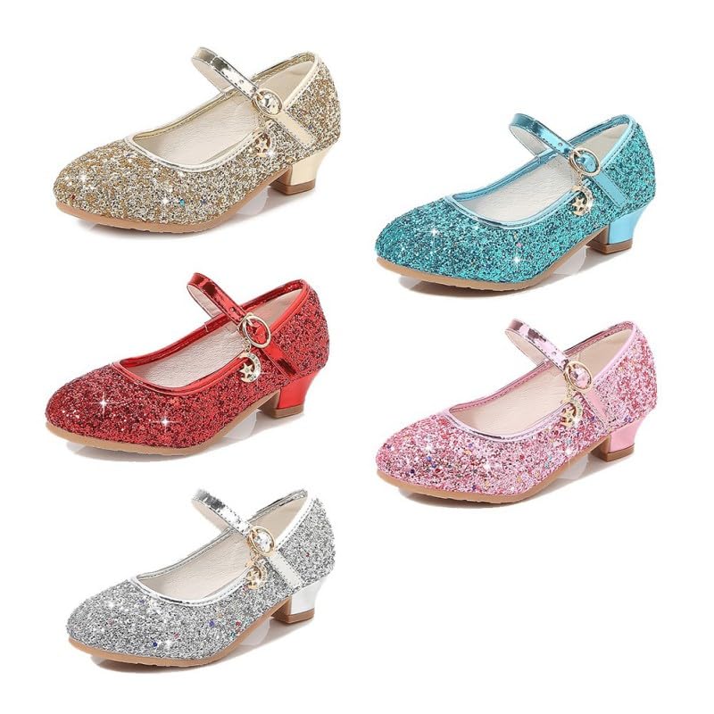 Girls Princess Dress Shoes Kids Girl Party Wedding Princess Mary Jane Shoes Sequins Bridesmaids Shoes Sparkle Heels Shoes for Wedding Dancing Party Red