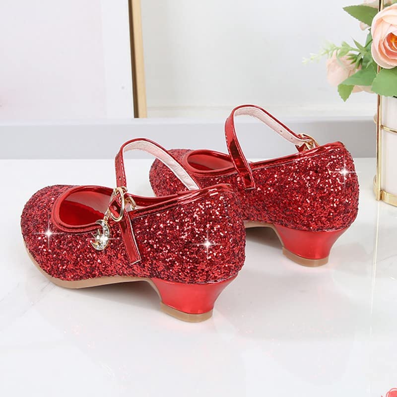 Girls Princess Dress Shoes Kids Girl Party Wedding Princess Mary Jane Shoes Sequins Bridesmaids Shoes Sparkle Heels Shoes for Wedding Dancing Party Red