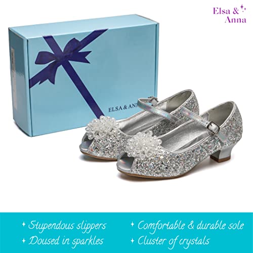 ELSA & ANNA Girls Snow Queen Princess Fancy Dress Up Party Shoes - 3cm Heel - Elsa Dress Up Shoes for Parties & Birthdays, Cosplay - Girls High Heels (SIL24) - UK 10 Silver