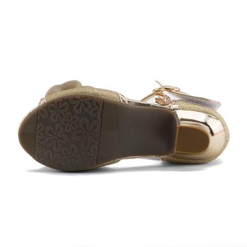 Jiaduowang Girl Shoe High Heels Sandals Dress Court Shoes Sequin Glitter Princess Sandals Gold Crystal High Shoes for Girls