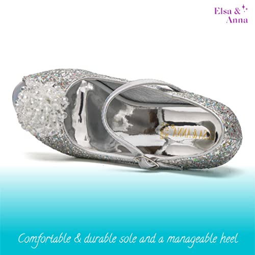 ELSA & ANNA Girls Snow Queen Princess Fancy Dress Up Party Shoes - 3cm Heel - Elsa Dress Up Shoes for Parties & Birthdays, Cosplay - Girls High Heels (SIL24) - UK 10 Silver