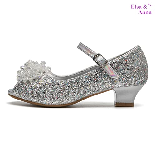 ELSA & ANNA Girls Snow Queen Princess Fancy Dress Up Party Shoes - 3cm Heel - Elsa Dress Up Shoes for Parties & Birthdays, Cosplay - Girls High Heels (SIL24) - UK 10 Silver