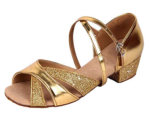 Girls Glitter Ballroom Dance Shoes Kids Latin Tango Dance Practice Low Heels(1 UK, Gold)