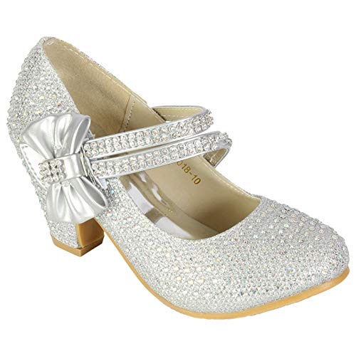 Style Spot (UK 12 Kids, Silver Bow Girls Special Occasion Heeled Shoes Kids Children Diamante Strappy Mid Heel Wedding Party Sandals Dance Party Shoes