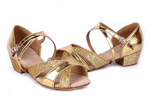 Girls Glitter Ballroom Dance Shoes Kids Latin Tango Dance Practice Low Heels(1 UK, Gold)
