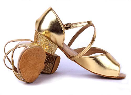 Girls Glitter Ballroom Dance Shoes Kids Latin Tango Dance Practice Low Heels(1 UK, Gold)