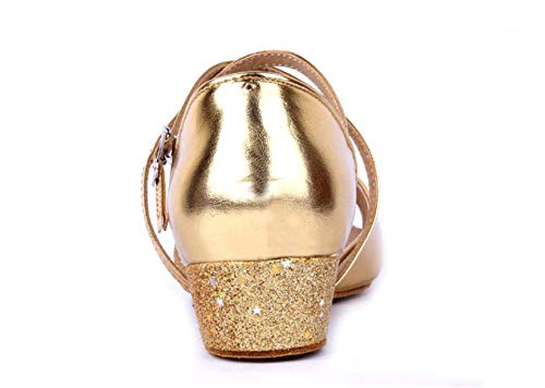 Girls Glitter Ballroom Dance Shoes Kids Latin Tango Dance Practice Low Heels(1 UK, Gold)