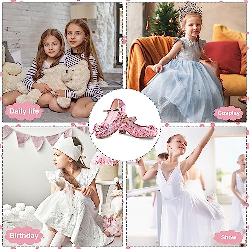 M MUNCASO Mary Jane Princess Shoes with Shiny Bow,Glitter Girls Party Shoes, Flower Girl Shoes for banquets, Weddings, Birthday Parties,Cosplay Party Pink