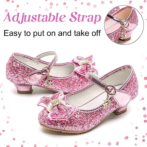 M MUNCASO Mary Jane Princess Shoes with Shiny Bow,Glitter Girls Party Shoes, Flower Girl Shoes for banquets, Weddings, Birthday Parties,Cosplay Party Pink