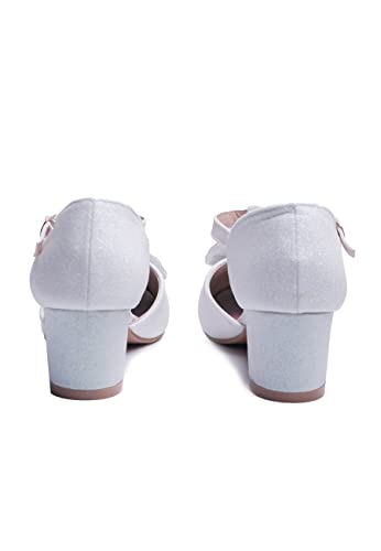 Fashion Thirsty Girls Kids Childrens Low Block Heel Shoes Sandal Diamante Wedding Bridesmaid Bow by Heelberry, White Shimmer Glitter, 13 UK Child